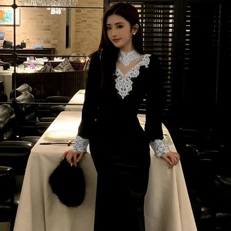 2025韩系气质蕾丝包臀鱼尾裙独特超好看高端精致连衣裙2570