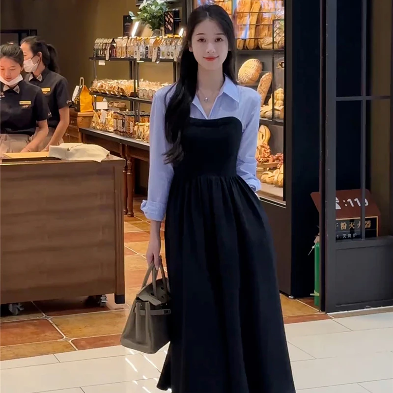 2025年新款女装假两件衬衫黑色连衣裙子女秋季高级感时尚长裙2071