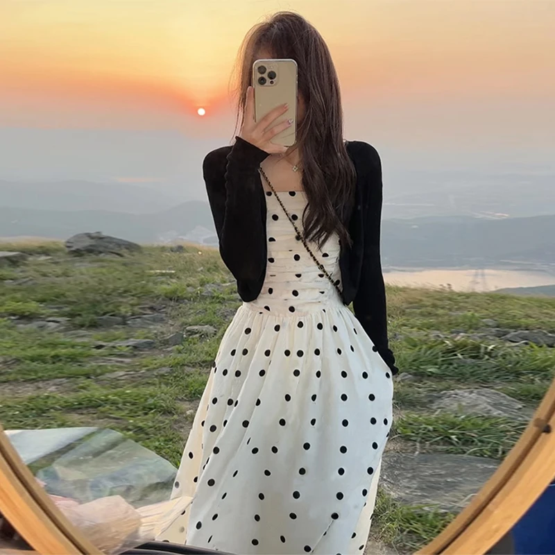 【大码】【两件套】2025夏季显瘦法式仙女裙子波点吊带连衣裙子B8092