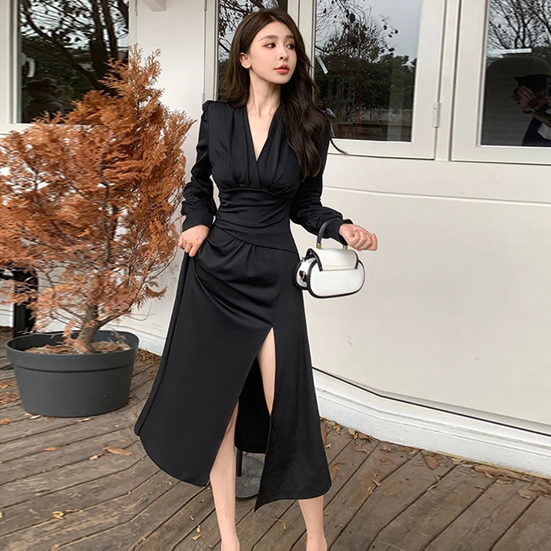 法式高级v领长袖黑色连衣裙女大码收腰性感气质时尚礼服长裙6616