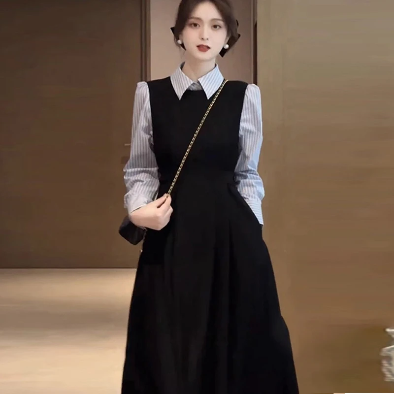 【橙子】女装连衣裙2025新款秋季高级感收腰洋气黑色长裙1787