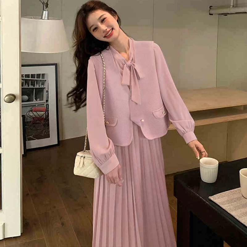 【有里布】粉色马甲连衣裙两件套女春秋季网红漂亮独特裙子2150