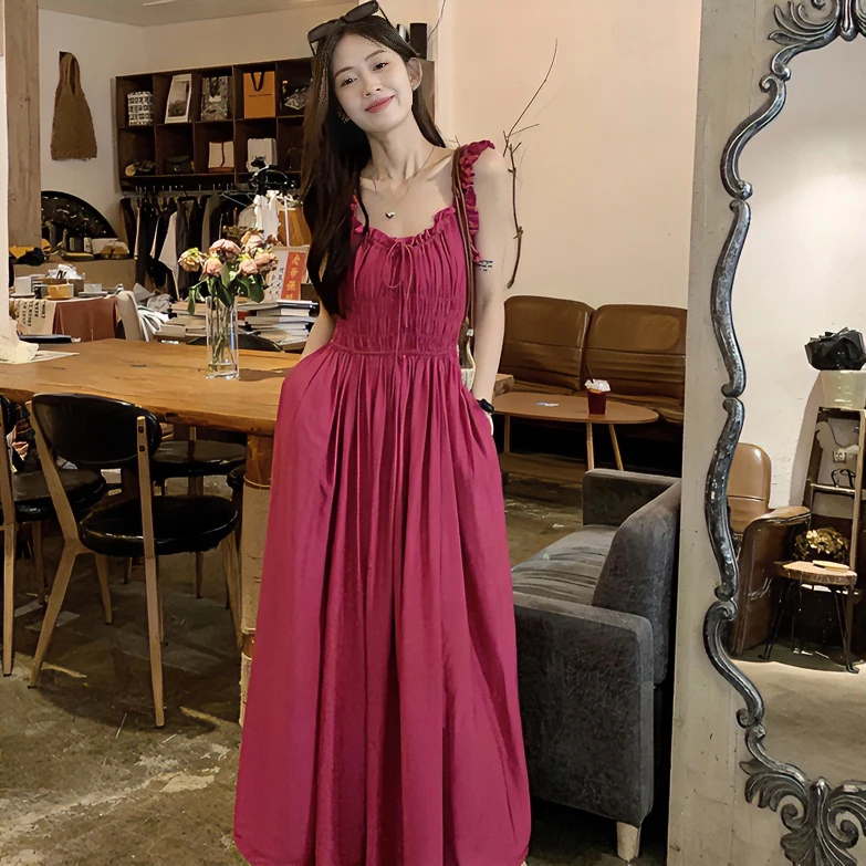 法式纯色设计感褶皱吊带连衣裙夏季气质长裙修身收腰A字裙女3345