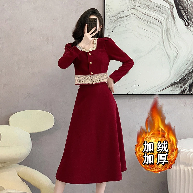 【加绒加厚】【两件套】法式小香风套装新高级感气质红色两件套6394