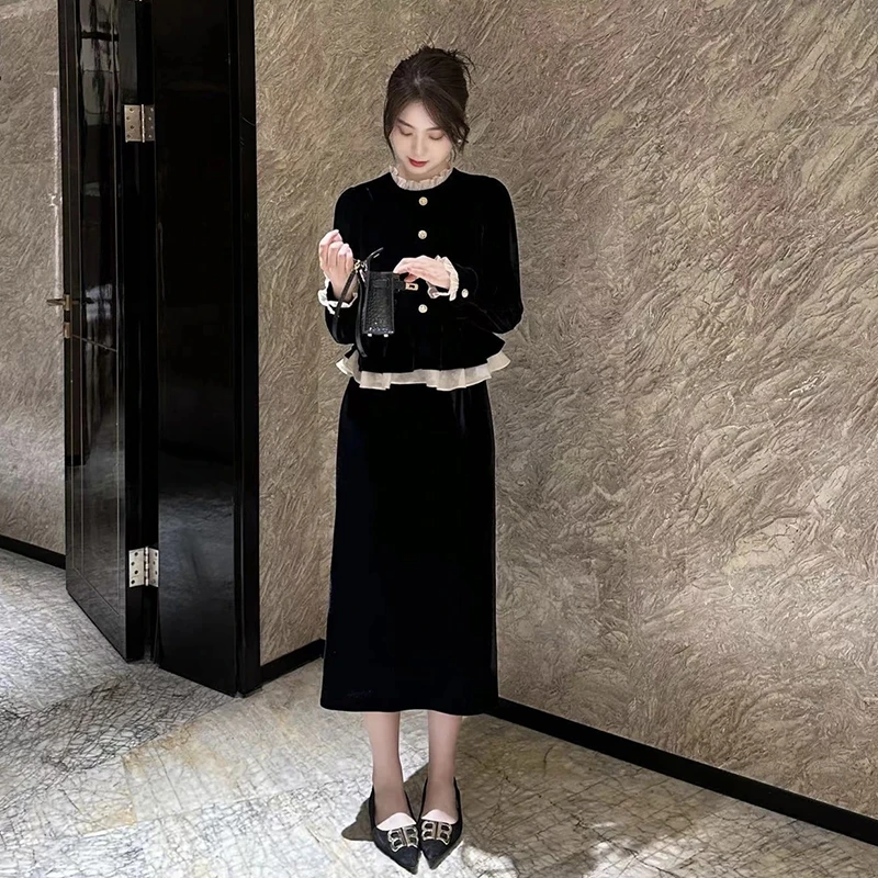 假两件整套连衣裙漂亮爆款秋冬女装新款气质拼接小黑长裙7725