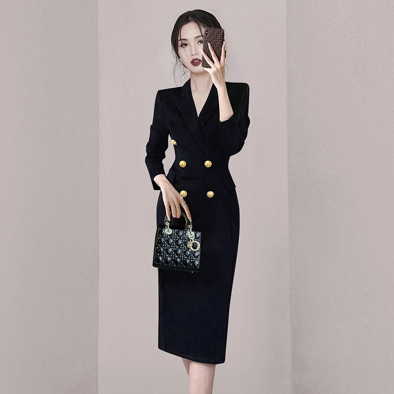 女装连衣裙职业气质黑色西装裙新款女神范轻奢收腰西服连衣裙7741