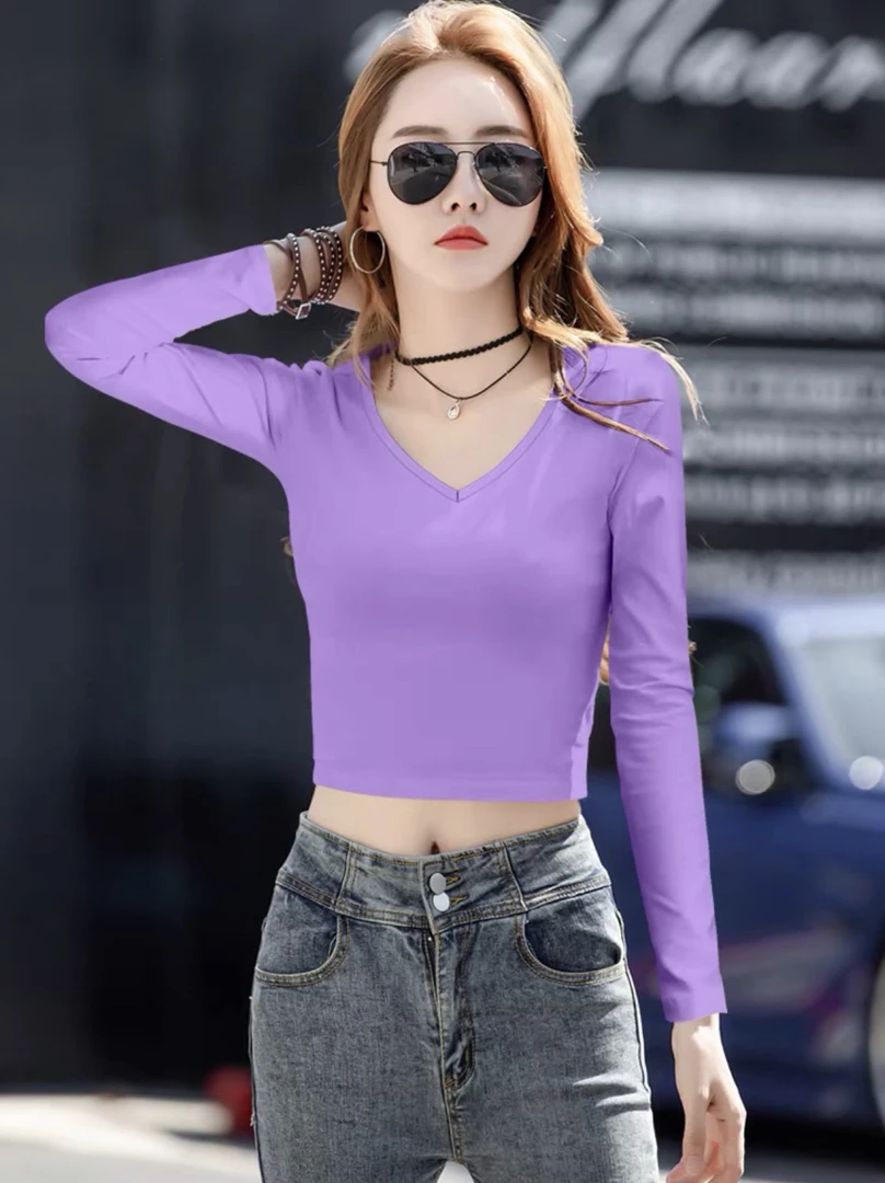 v领短款打底衫女春秋修身长袖t恤