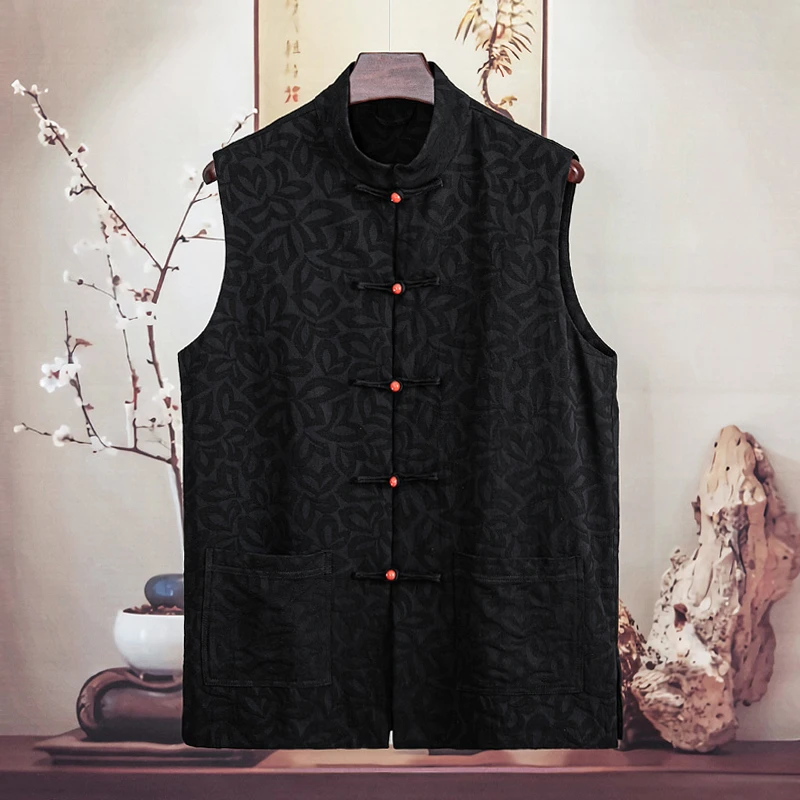 由天丨春秋季男士马夹复古风黑色提花无袖唐装坎肩马甲中国风男装