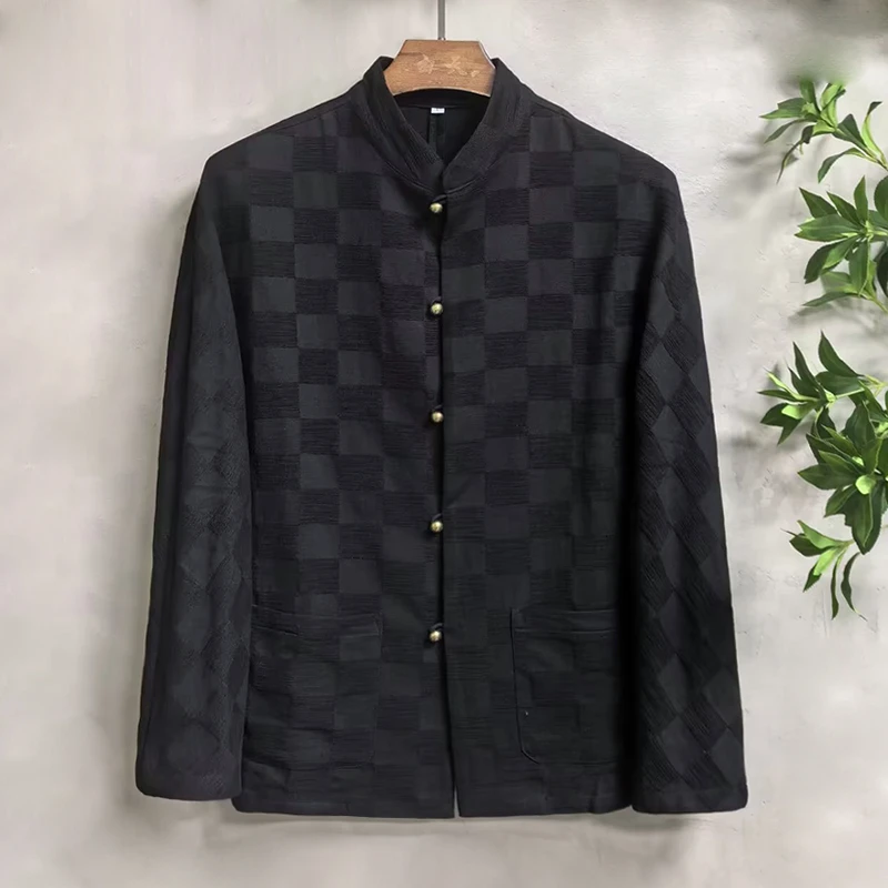 由天丨立领铜扣中式棉麻唐装男士薄款长袖棋盘格提花男装外套