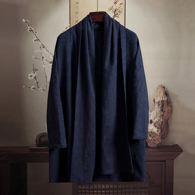 由天丨新中式休闲男装棉麻提花中长款风衣潮流男士亚麻开衫外套