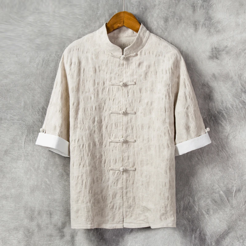 由天丨中国风男装棉麻提花中袖衬衫夏季男士唐装立领亚麻七分袖