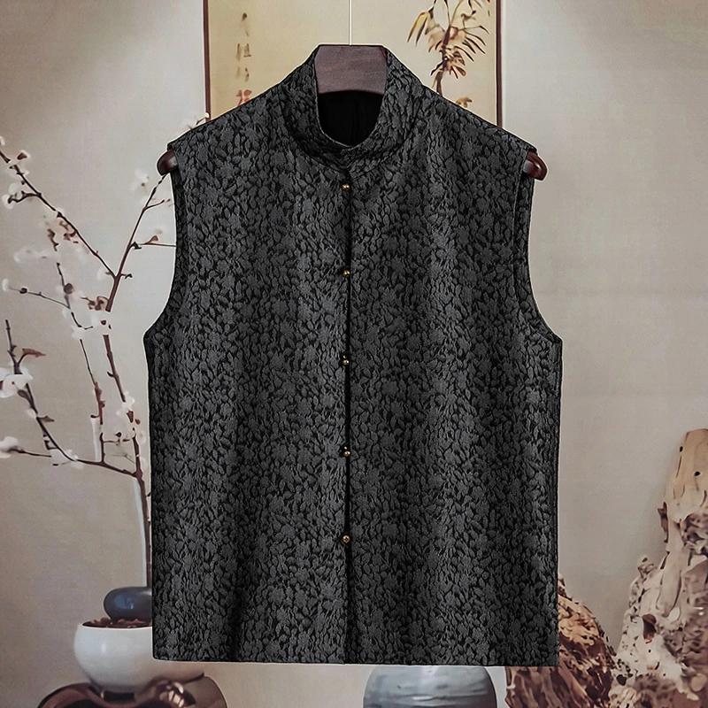 由天丨新中式铜扣马甲男提花暗纹中国风男装唐装马夹立领无袖薄款