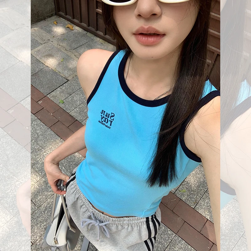 宋正恩蓝色工字绣花背心吊带女2024新款内搭外穿辣妹修身短款上衣