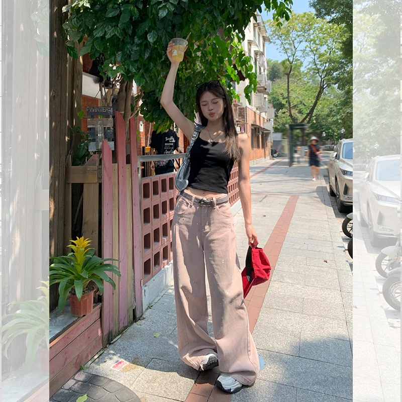 宋正恩粉色喷墨工艺设计直筒牛仔裤女夏季新款宽松韩版拖地阔腿裤