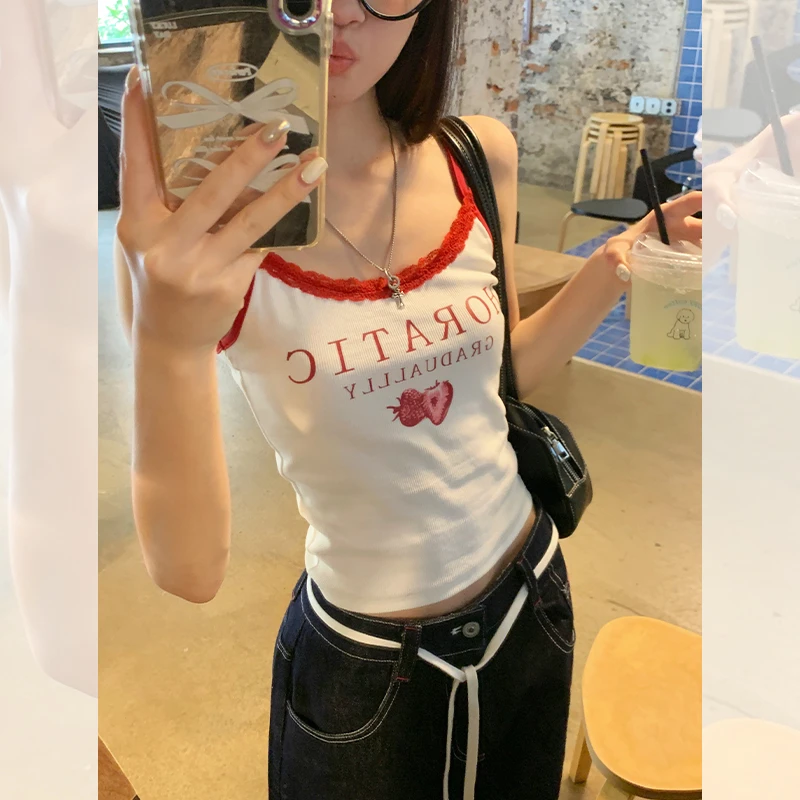 【七夕礼遇季】宋正恩辣妹白色吊带背心女夏修身内搭蕾丝花边短上衣