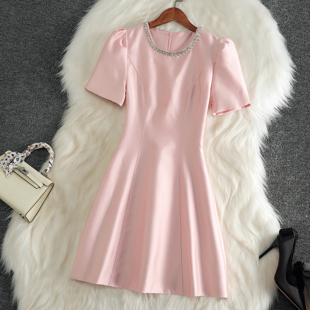 小香风时尚短袖连衣裙女装夏季新款欧洲站收腰高级感粉色a字裙子