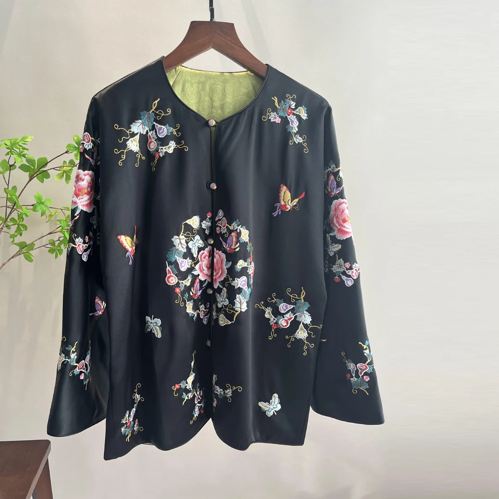 新中式醋酸上衣2025春秋新款重工刺绣两面穿轻奢黑色复古国潮外套