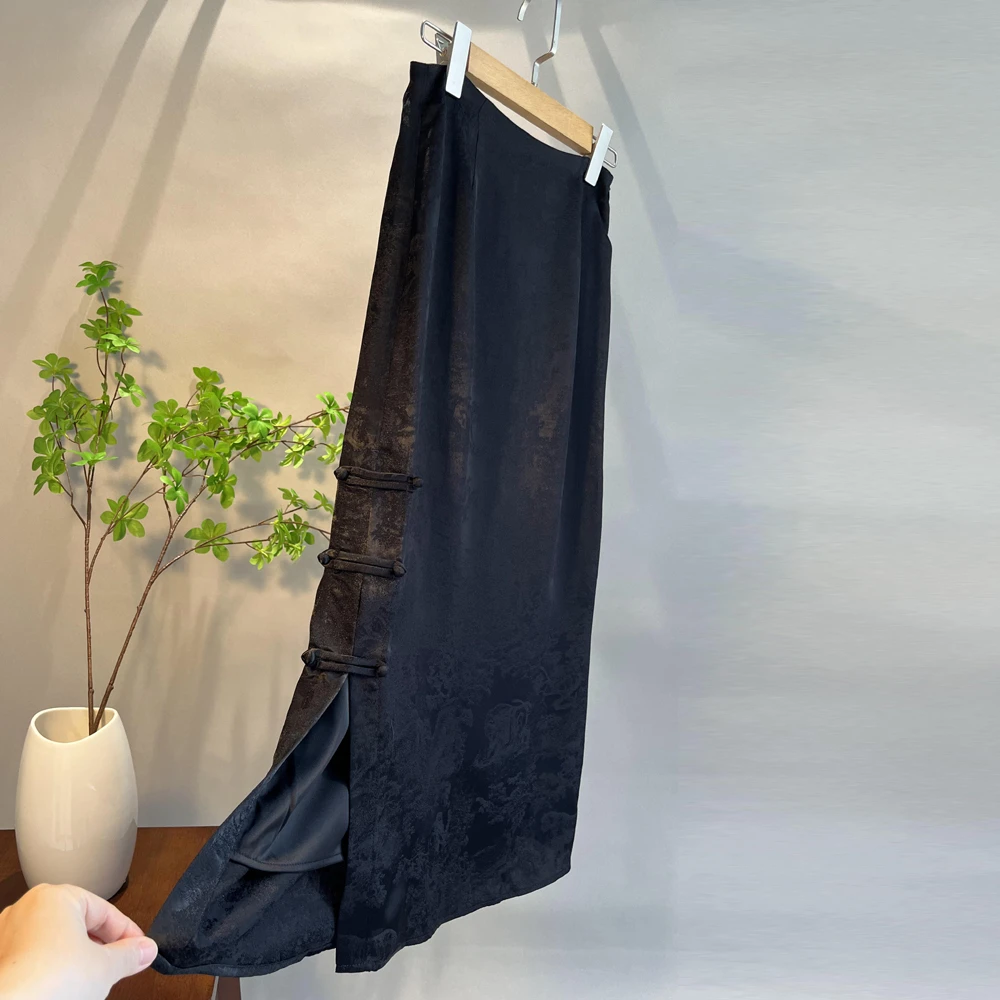 新中式复古提花半身裙黑色高级感复古气质国风潮盘扣高腰开叉裙子