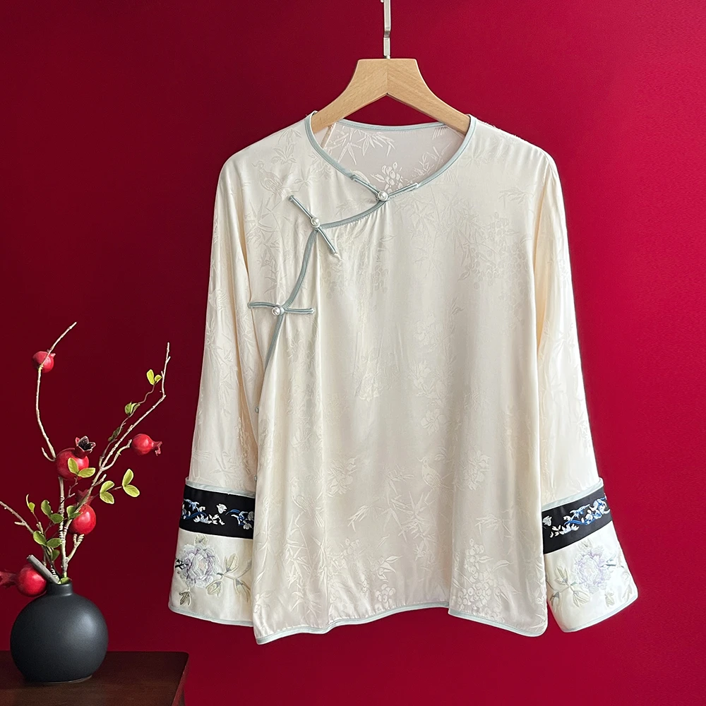新中式复古春夏女上衣宽松盘扣撞色百搭衬衫国风刺绣醋酸提花衬衣