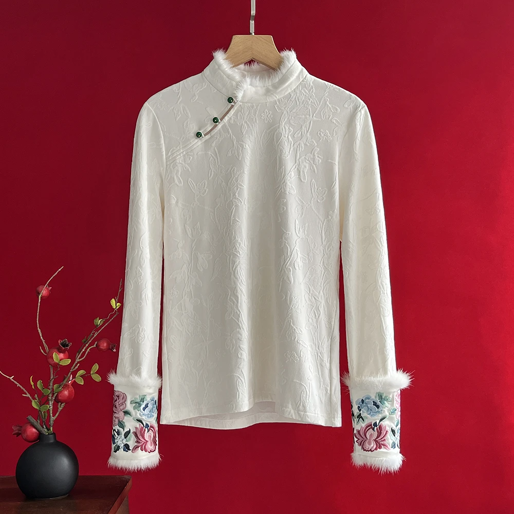 国风高端秋冬款打底衫高级感弹力小衫新中式修身显瘦提花刺绣上衣