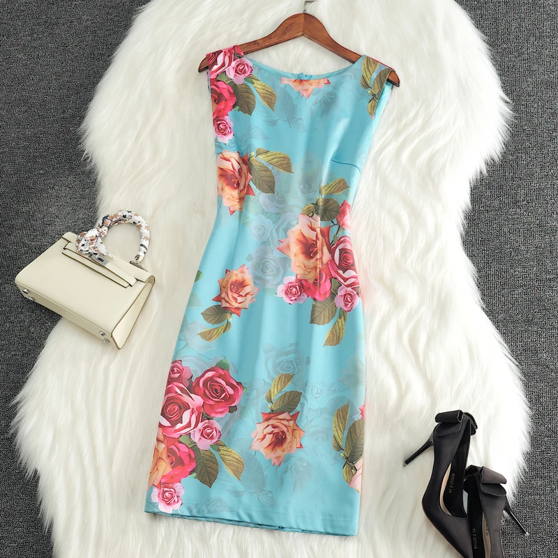 裙子夏季新款高端女装气质优雅女人味修身包臀无袖复古印花连衣裙