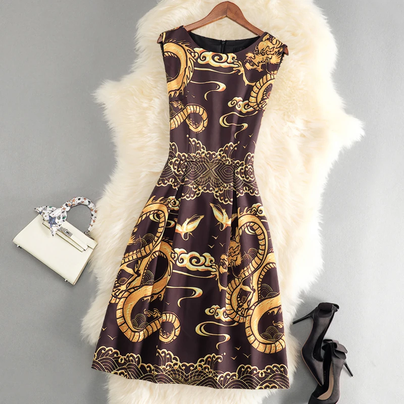 2025夏新款印花连衣裙优雅气质高端大牌欧洲站无袖收腰A字裙子女