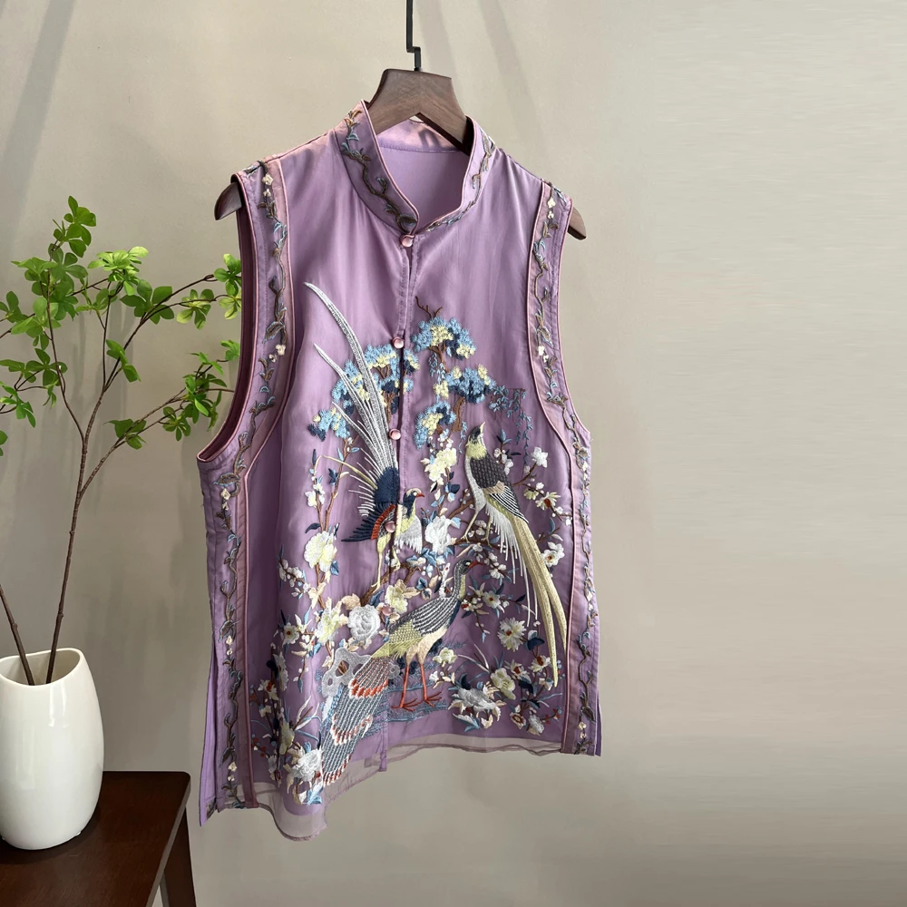 紫色高级感新中式马甲背心女春夏季复古盘扣网纱刺绣国风上衣坎肩