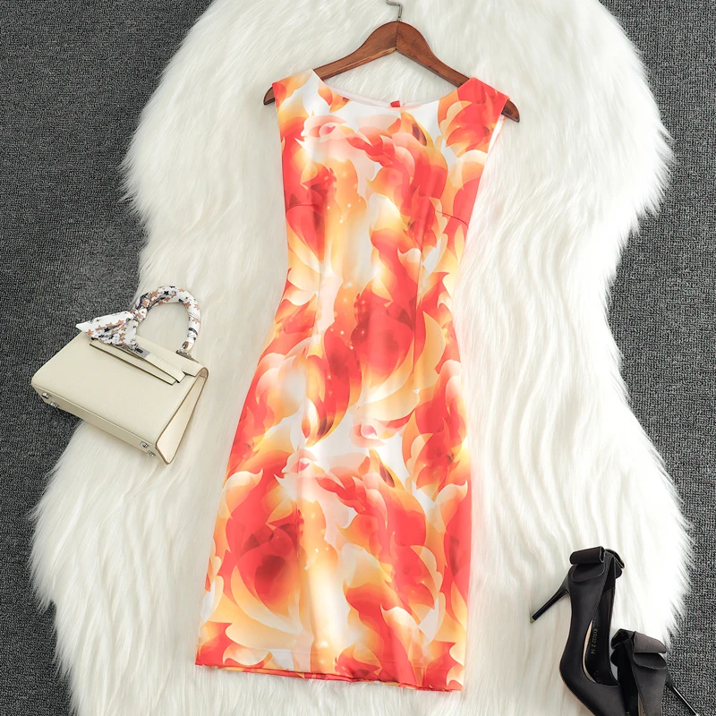 裙子夏季新款优雅气质高端女装大牌通勤修身包臀无袖印花连衣裙子