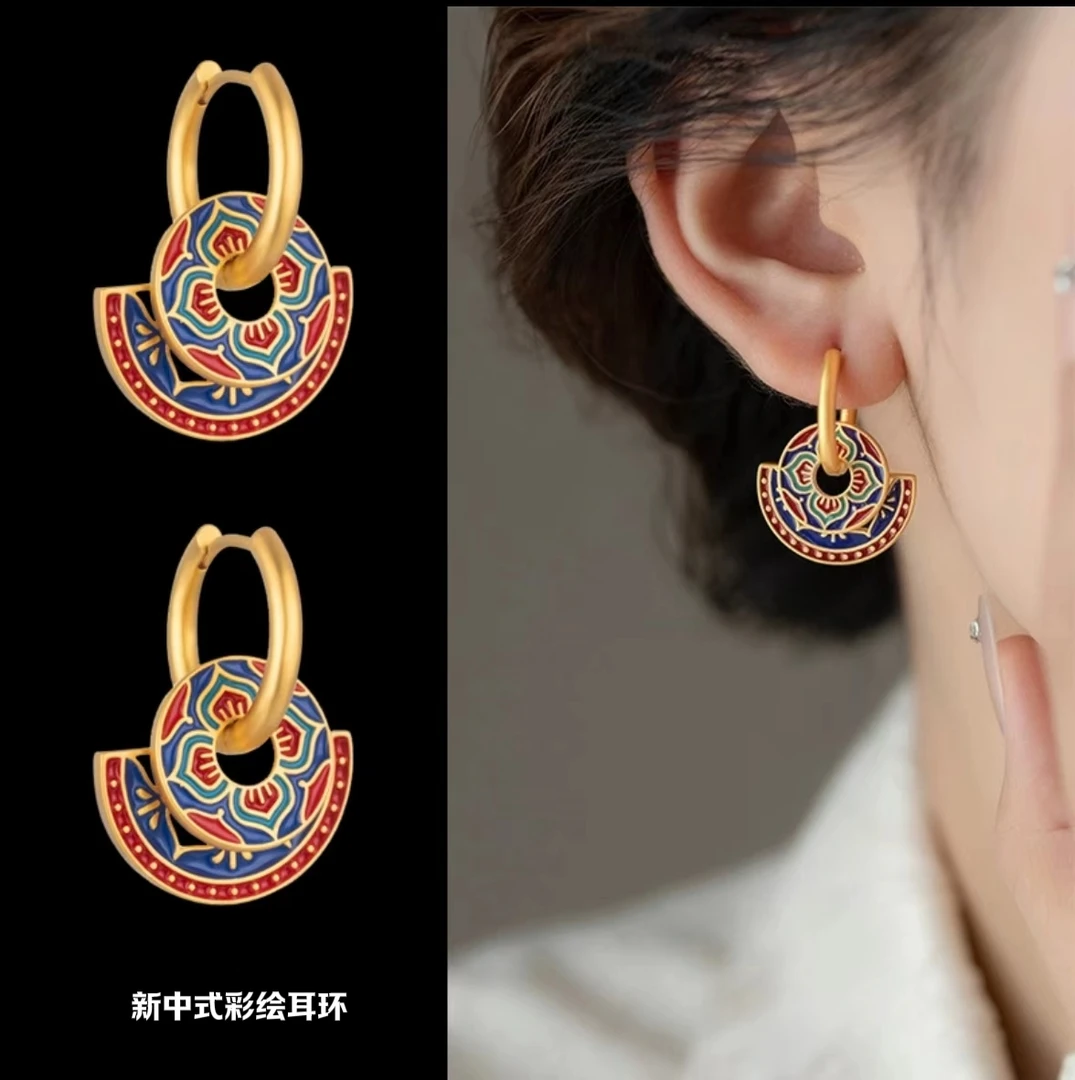 铜合金耳饰 珐琅耳饰 新中式彩绘滴釉耳环复古气质国风百搭小众