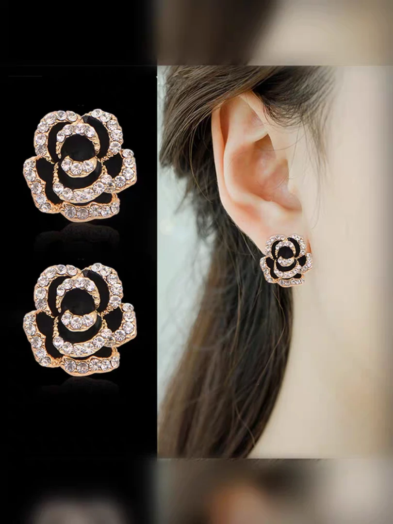 铜合金耳饰 黑色立体山茶花百搭耳饰耳钉轻奢小众高级感精致耳环