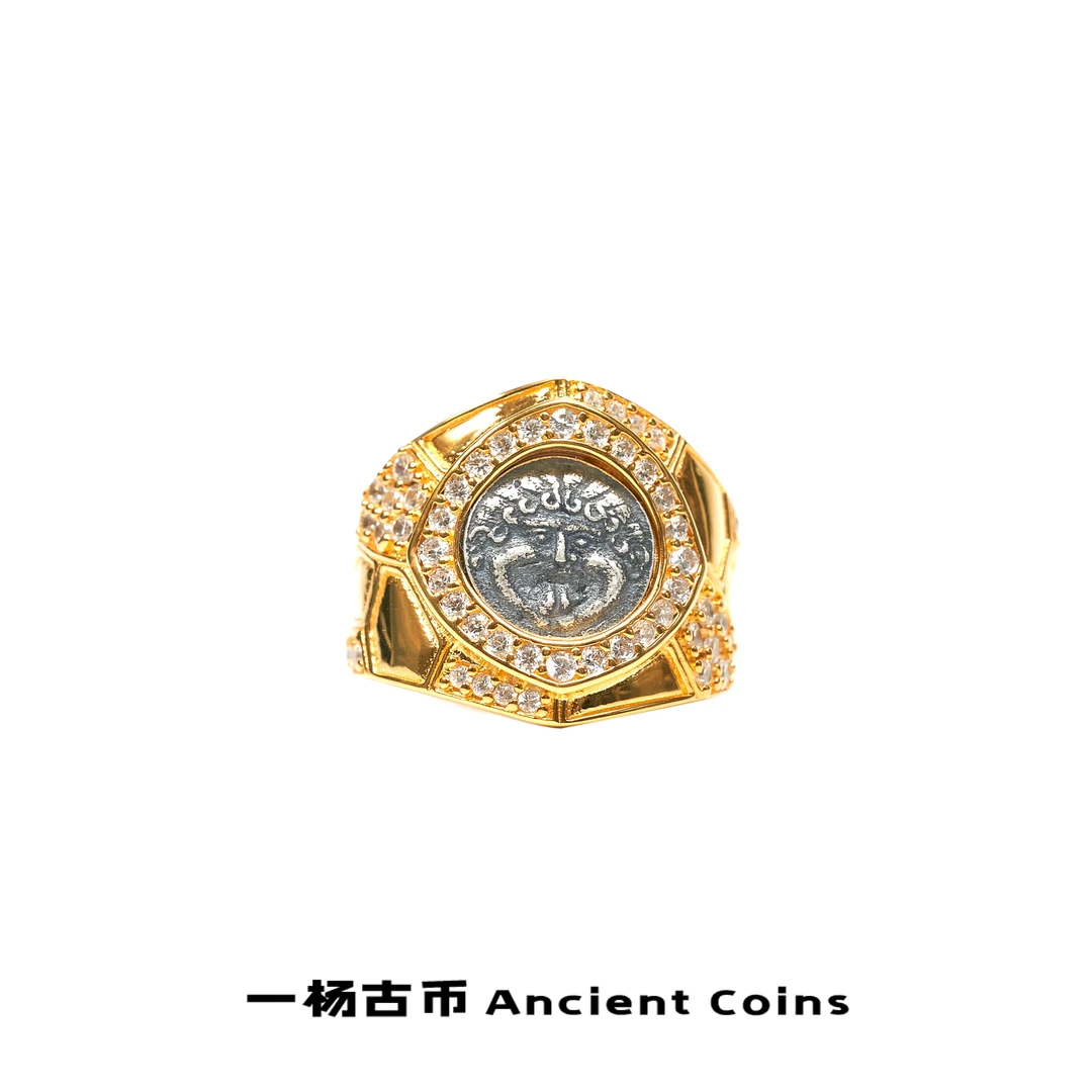 925银戒指 【美杜莎】Y GB-JZ078点锆菱形网格雅丹复古风币开口戒指