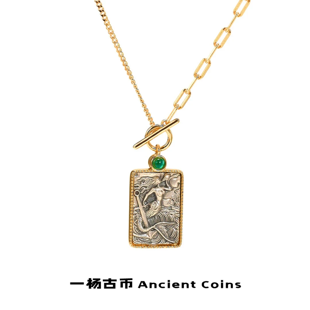 坠链均925银 【美人鱼】GB-XL006方牌琉璃时尚轻奢复古风币项链