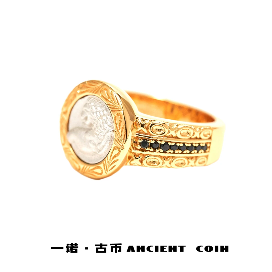 925银戒指 【BY回首狮】GB-JZ051花纹圈边黑线个性戒壁复古风币戒指