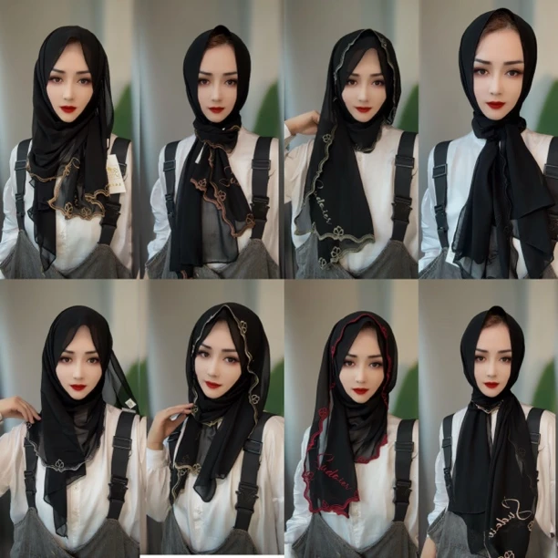 SD刺绣特黑雪纺百搭长巾