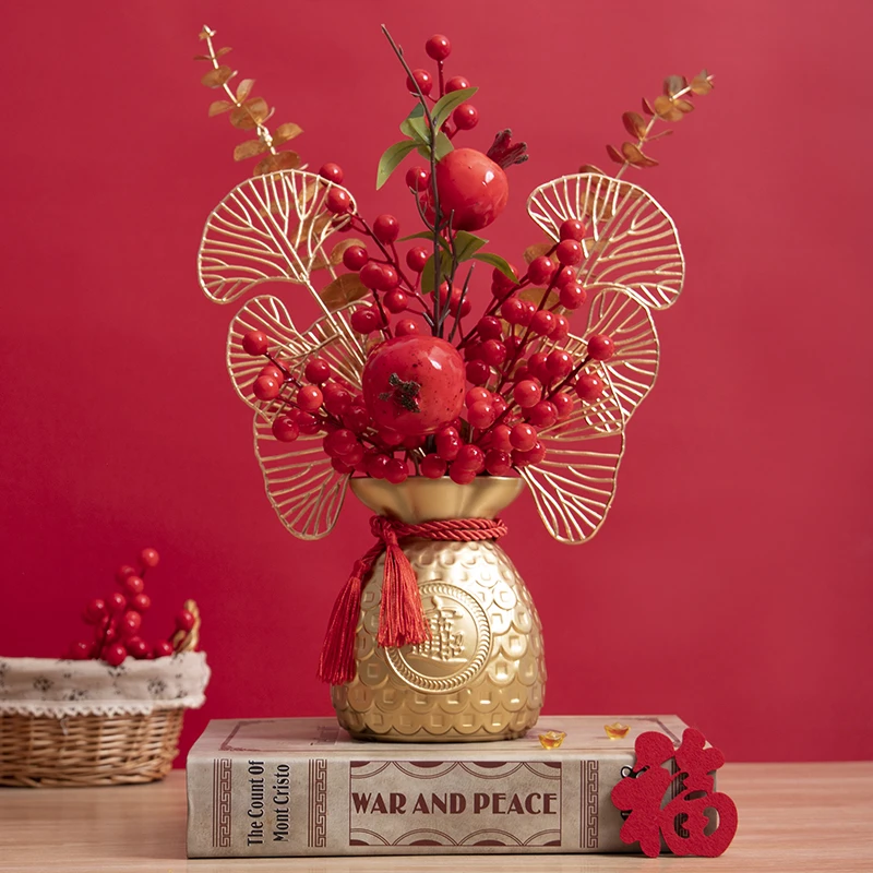金福钱袋子花瓶红果仿真花冬青客厅结婚乔迁新居装饰摆件假花摆设