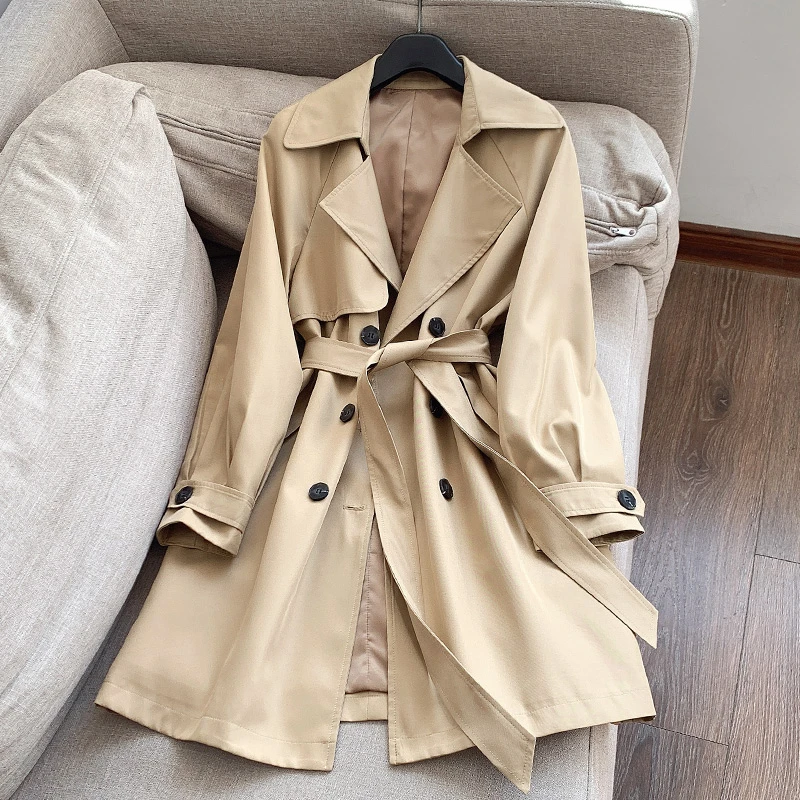 H24AF230701 收腰显瘦中长款风衣 双排扣插肩袖外套