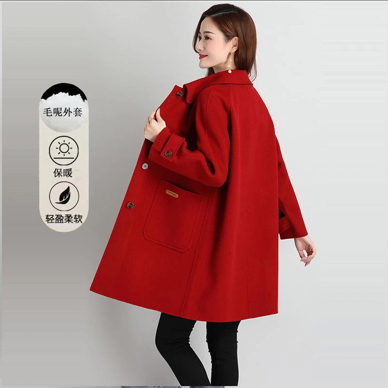 小个子宽松高端毛呢口袋大衣女中长款2024年秋冬新款韩版简约外套