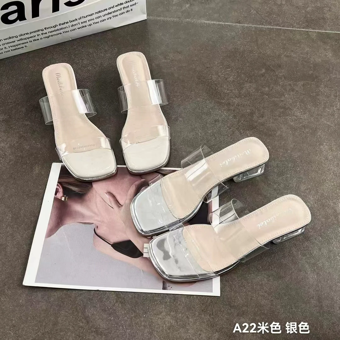 夏季新款网红一字带透明粗跟水晶跟外穿拖鞋A22(粗跟拖鞋)