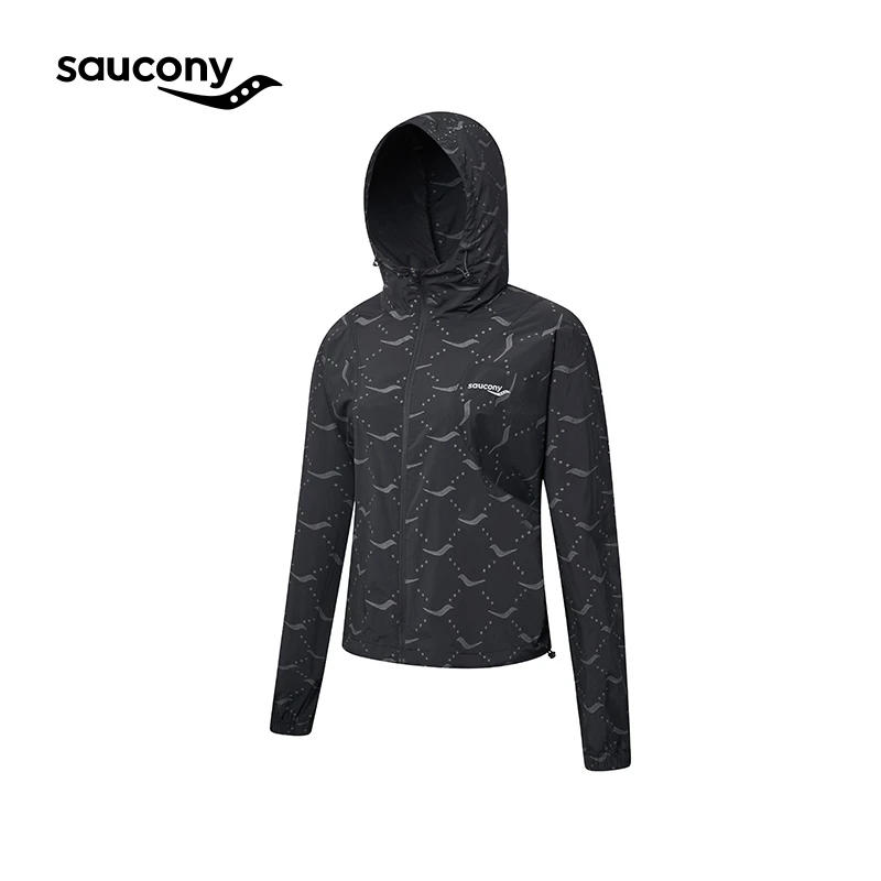 Saucony/索康尼秋季连帽梭织防晒轻皮肤衣外套黑女子透气跑步夹克