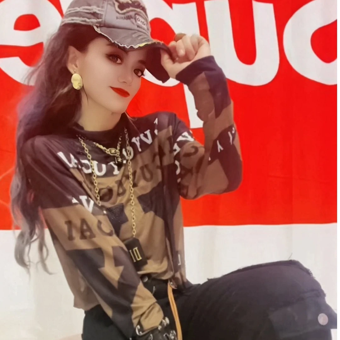 复古印花防晒罩衫长袖T恤女夏网纱正肩体恤打底紧身短款辣妹上衣