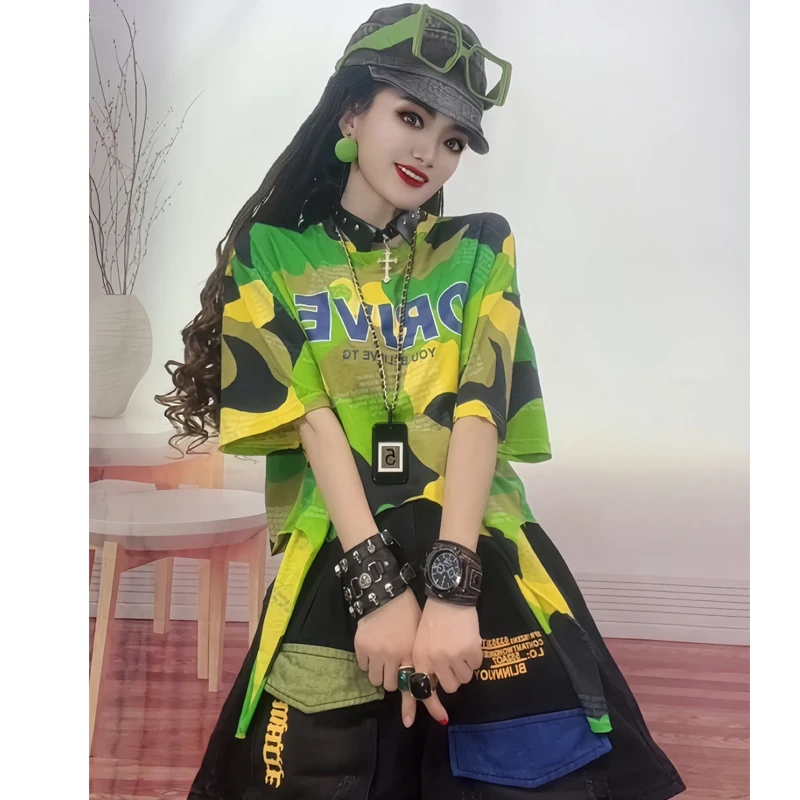 设计感撞色印花短袖T恤女夏季2024时尚潮流百搭宽松显瘦圆领上衣