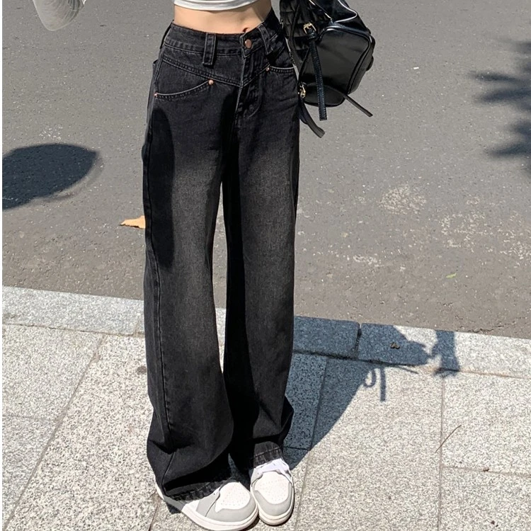 大码女装秋冬新款胖妹妹加绒直筒牛仔裤女宽松遮肉显瘦拖地阔腿裤