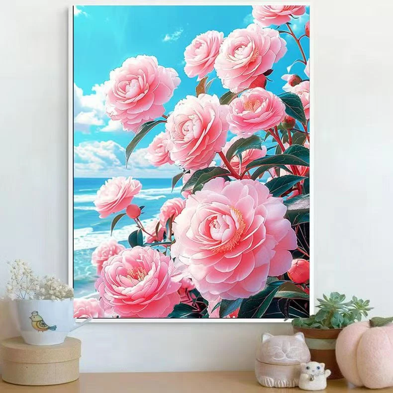 【海边山茶花】新款治愈系简约唯美粉色玫瑰花玄关卧室棉线十字绣