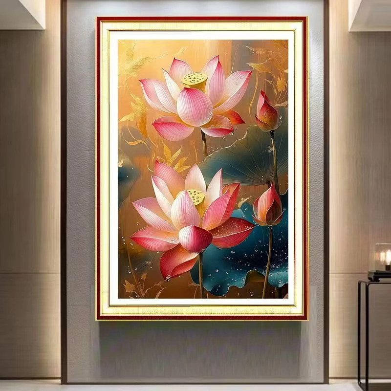 【意境荷花】新款竖版荷花唯美高清精准印花玄关客厅棉线十字绣