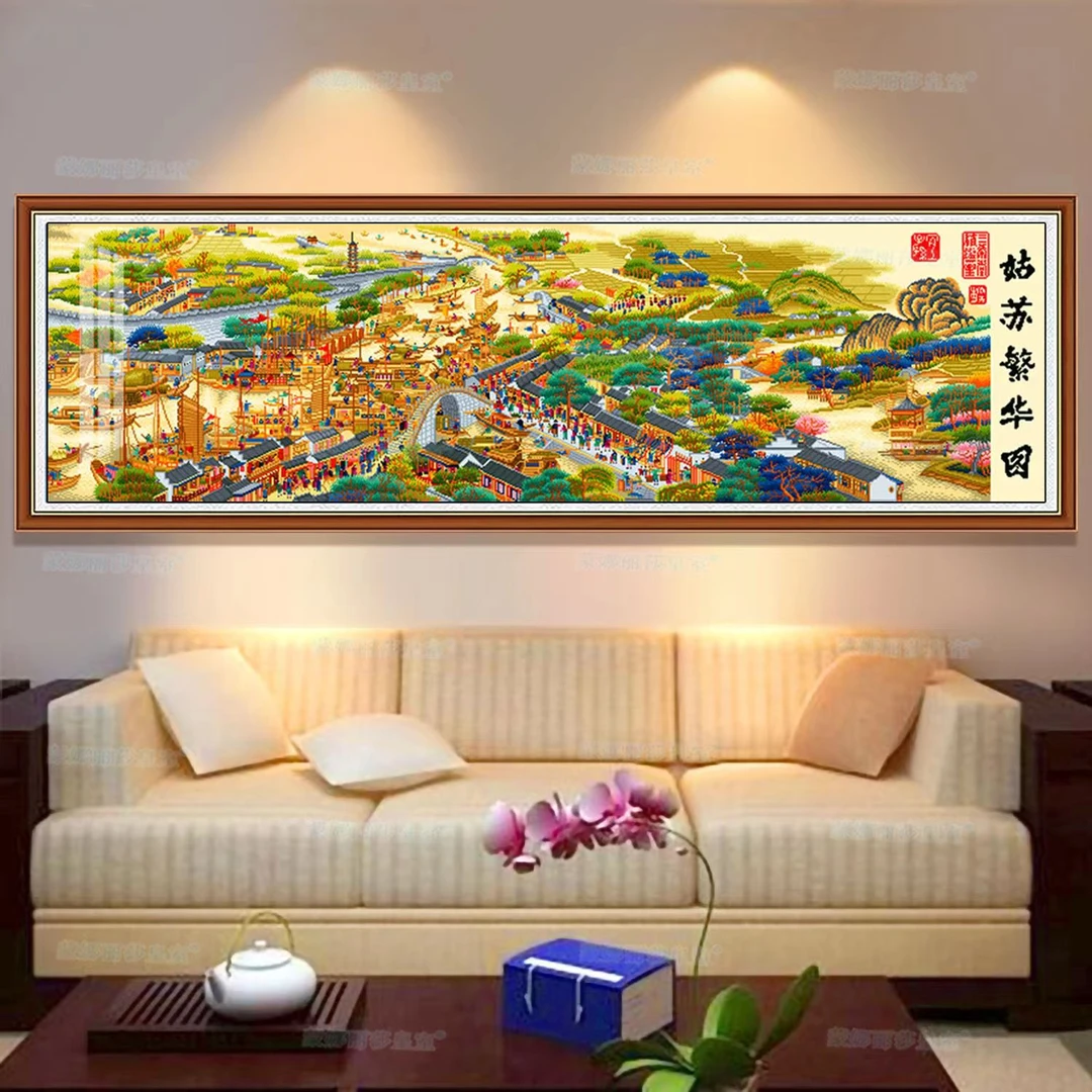 【姑苏繁华图】新款大格古绢布满绣无勾边珍藏名画客厅棉线十字绣