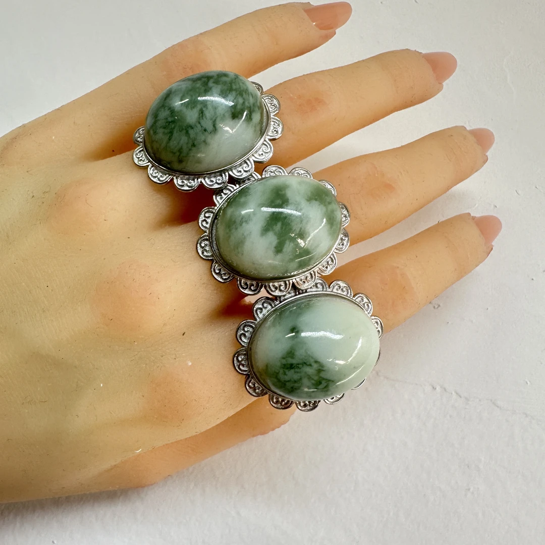 天然岫玉蛇纹石玉油翠银s925镶嵌戒指多样性发其一【0085】