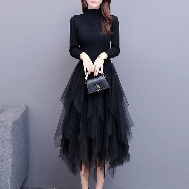 打底裙年春秋新款女假两件感不规则中长款洋气百搭时尚连衣裙