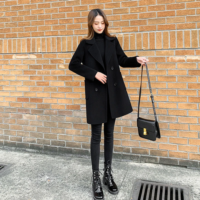 茧型西装领新款黑色外套女宽松韩版小个子秋冬季大码呢子洋气大衣