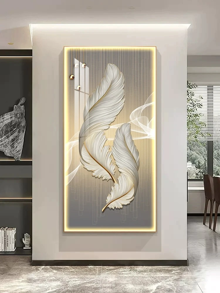 轻奢玄关装饰画现代简约高档羽毛走廊过道挂画大气发光LED灯壁画