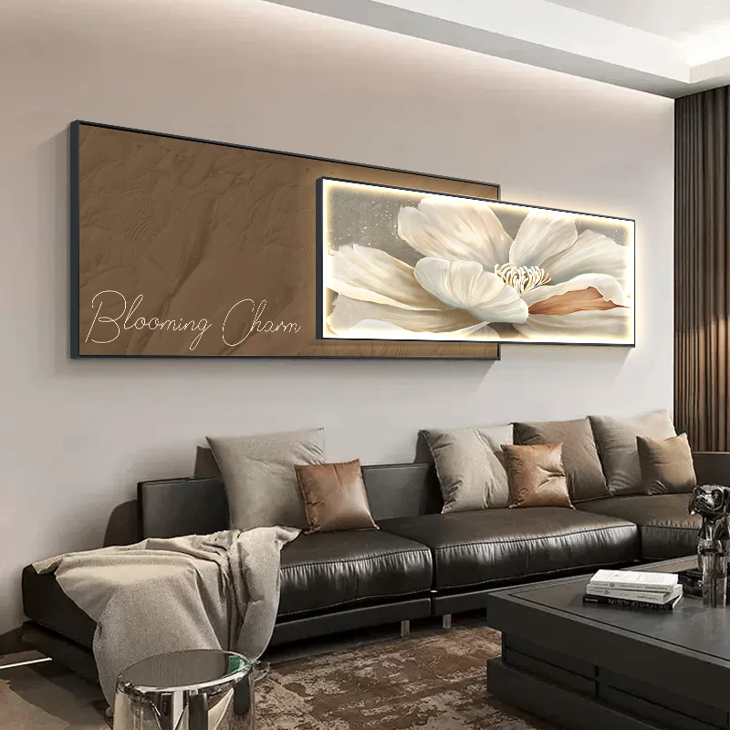 现代简约客厅装饰画奶油风花卉高级感横版叠加壁画沙发背景墙挂画